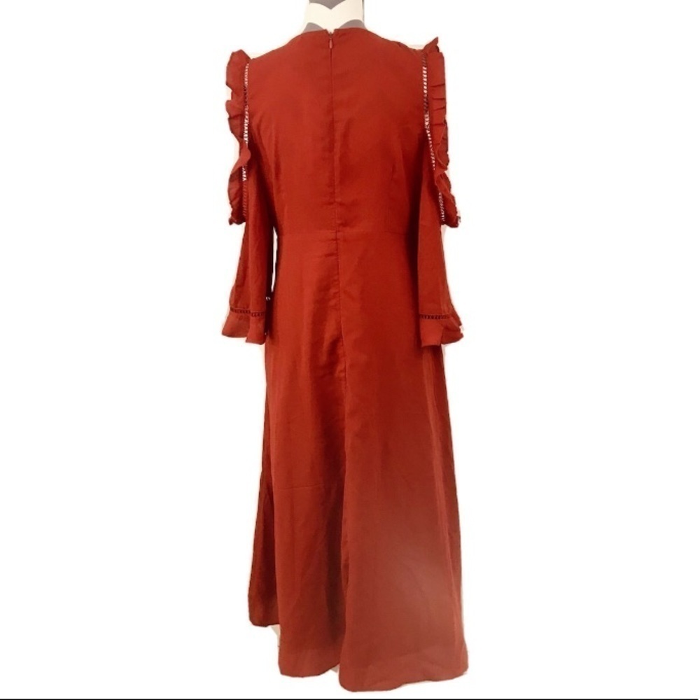 NWT - Aqua Cold Shoulder Ruffle Dress Burnt Orange High Low Wedding Guest Fall - Picture 8 of 10